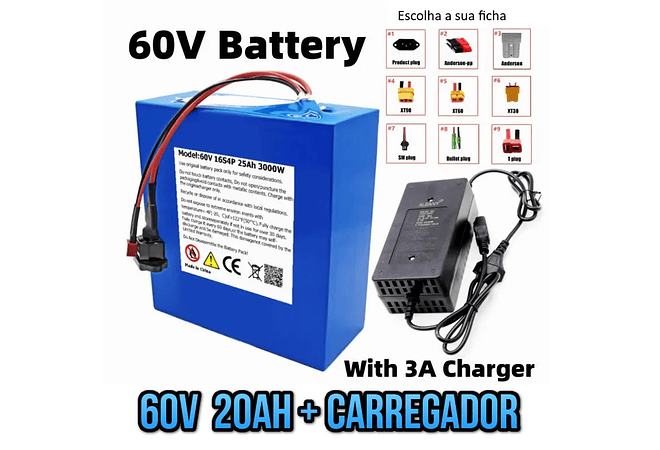 IMP0002 Bateria scooter moto eletrica 60v desde 20ah 25ah 30ah 40ah 50ah com carregador