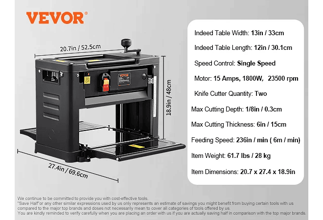 IMP0009- Vevor- Plaina com duas lâminas de 13 espessuras, motor de 15A 1800W com 23500 rpm