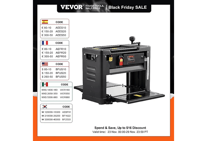 IMP0009- Vevor- Plaina com duas lâminas de 13 espessuras, motor de 15A 1800W com 23500 rpm