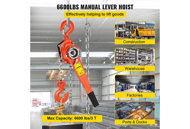 IMP0014- Alavanca manual de corrente com gancho 5 pés Cadeia e 6,600 lbs Rolamento e Liga Aço