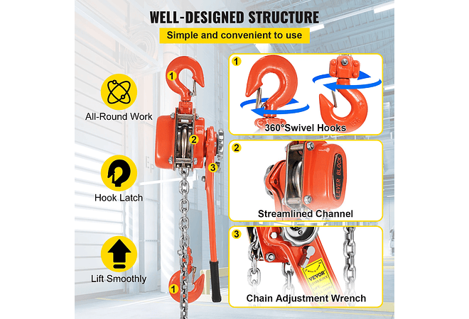 IMP0014- Alavanca manual de corrente com gancho 5 pés Cadeia e 6,600 lbs Rolamento e Liga Aço