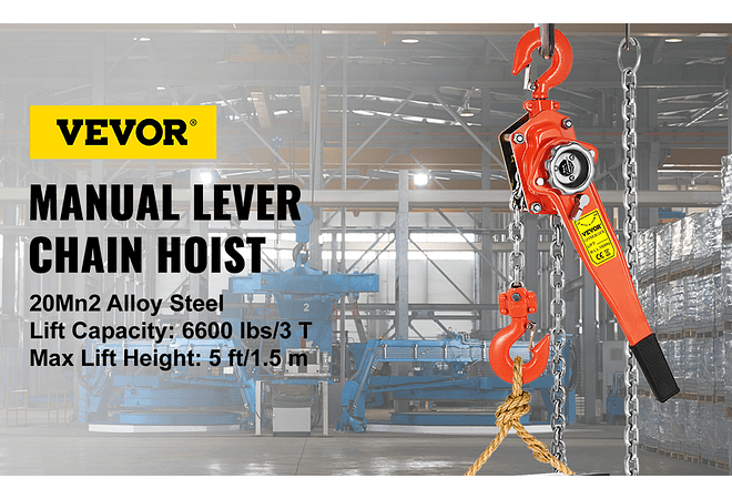 IMP0014- Alavanca manual de corrente com gancho 5 pés Cadeia e 6,600 lbs Rolamento e Liga Aço