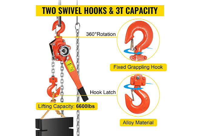 IMP0014- Alavanca manual de corrente com gancho 5 pés Cadeia e 6,600 lbs Rolamento e Liga Aço