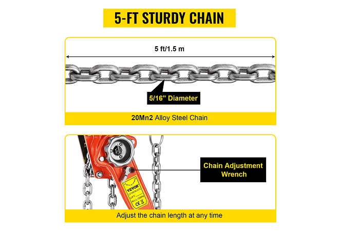 IMP0014- Alavanca manual de corrente com gancho 5 pés Cadeia e 6,600 lbs Rolamento e Liga Aço