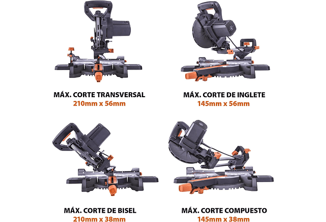 IMP0016- Evolution Serra de esquadria deslizante de 185 mm (R185SMS+) de Evolution com corte multimaterial; bisel de 45°, mitra de 50°; guia a laser. 