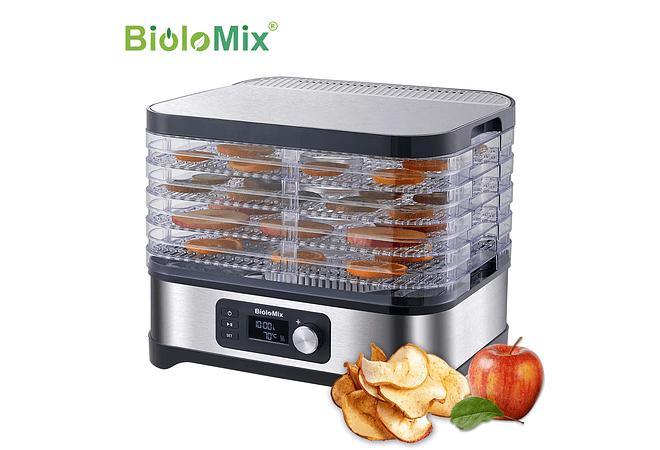 IMP0043- Biolomix bpa livre 5 bandejas secador de alimentos desidratador com temporizador digital e controle de temperatura para frutas carne vegetal carne seca