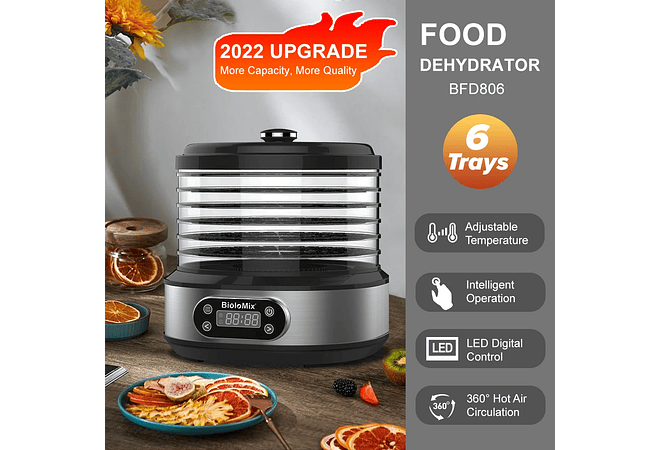 IMP0043- Biolomix bpa livre 5 bandejas secador de alimentos desidratador com temporizador digital e controle de temperatura para frutas carne vegetal carne seca