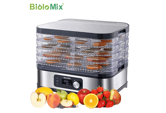 IMP0043- Biolomix bpa livre 5 bandejas secador de alimentos desidratador com temporizador digital e controle de temperatura para frutas carne vegetal carne seca