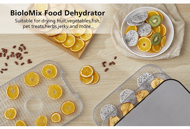 IMP0043- Biolomix bpa livre 5 bandejas secador de alimentos desidratador com temporizador digital e controle de temperatura para frutas carne vegetal carne seca