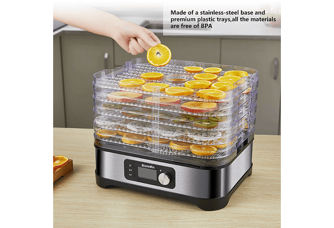 IMP0043- Biolomix bpa livre 5 bandejas secador de alimentos desidratador com temporizador digital e controle de temperatura para frutas carne vegetal carne seca