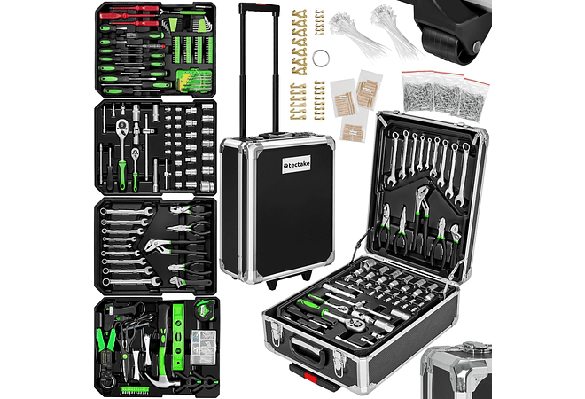 IMP0063- TecTake Mala ferramentas profissional com 1200 peças, carrinho ferramentas com pega telescópica, caixa de ferramentas completa com 4 níveis, carrinho de ferramentas ofici...