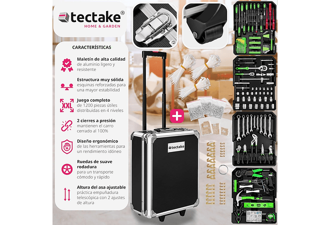 IMP0063- TecTake Mala ferramentas profissional com 1200 peças, carrinho ferramentas com pega telescópica, caixa de ferramentas completa com 4 níveis, carrinho de ferramentas ofici...