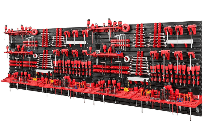 IMP0065- Parede para ferramentas - 2304 x 780 mm, conjunto de 116 suportes para ferramentas com parede perfurada, 