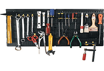 Parede para ferramentas, painéis em polipropileno de L 500 x 500 mm mais 50 ganchos sortidos, preto/amarelo, 100 x 2 x 50