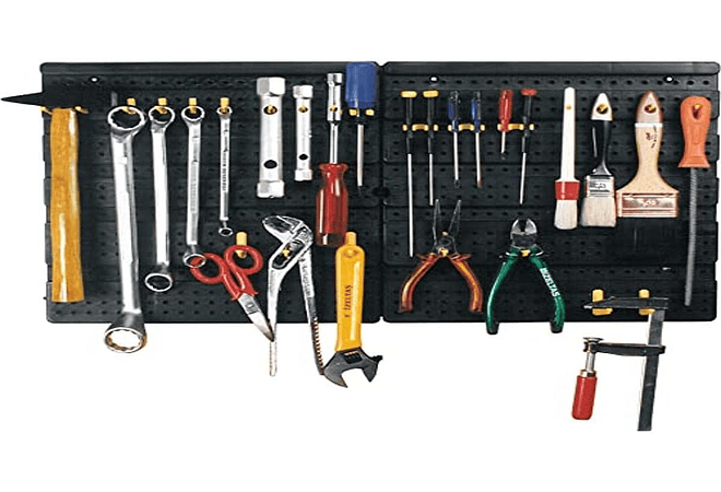 Parede para ferramentas, painéis em polipropileno de L 500 x 500 mm mais 50 ganchos sortidos, preto/amarelo, 100 x 2 x 50