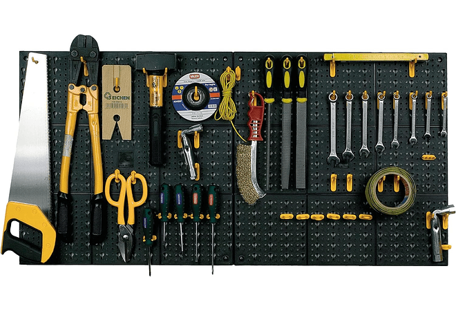 Parede para ferramentas, painéis em polipropileno de L 500 x 500 mm mais 50 ganchos sortidos, preto/amarelo, 100 x 2 x 50