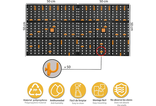 Parede para ferramentas, painéis em polipropileno de L 500 x 500 mm mais 50 ganchos sortidos, preto/amarelo, 100 x 2 x 50