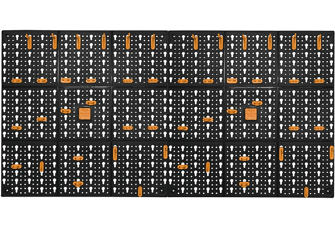 Parede para ferramentas, painéis em polipropileno de L 500 x 500 mm mais 50 ganchos sortidos, preto/amarelo, 100 x 2 x 50