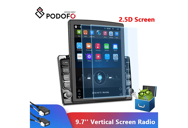 IMP0078- Rádio Carro Podofo Android, Tela Vertical, Navegação GPS, Autoradio, Estilo Tesla, Unidade de Cabeça, Receptor Estéreo, RDS, 9.7 &quot;, 2 Din
