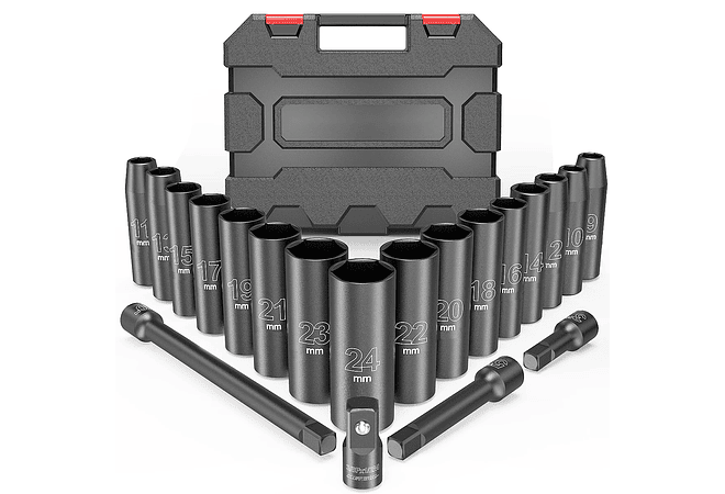 IMP0082- Conjunto de soquetes de impacto métrico METERK-Drive, chave profunda para ferramentas de reparo pneumáticas, 9-24mm, 20pcs, 1/2&quot;