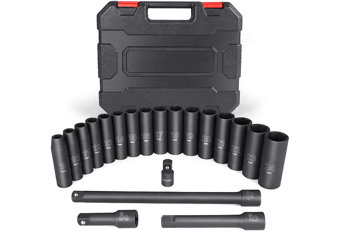 IMP0082- Conjunto de soquetes de impacto métrico METERK-Drive, chave profunda para ferramentas de reparo pneumáticas, 9-24mm, 20pcs, 1/2&quot;