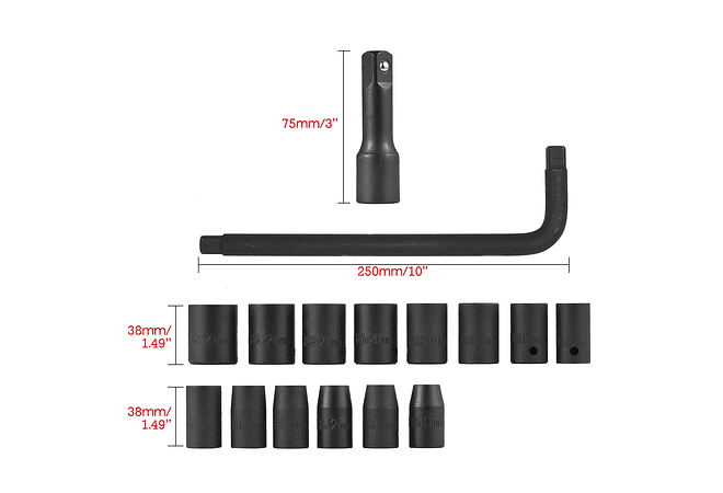 IMP0082- Conjunto de soquetes de impacto métrico METERK-Drive, chave profunda para ferramentas de reparo pneumáticas, 9-24mm, 20pcs, 1/2&quot;