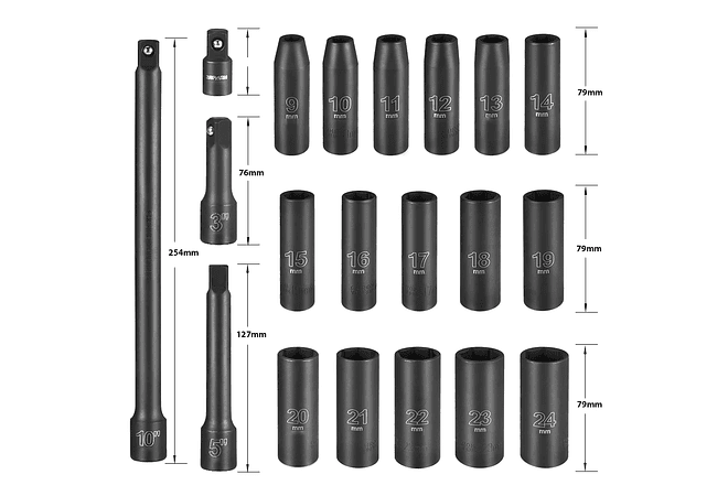 IMP0082- Conjunto de soquetes de impacto métrico METERK-Drive, chave profunda para ferramentas de reparo pneumáticas, 9-24mm, 20pcs, 1/2&quot;