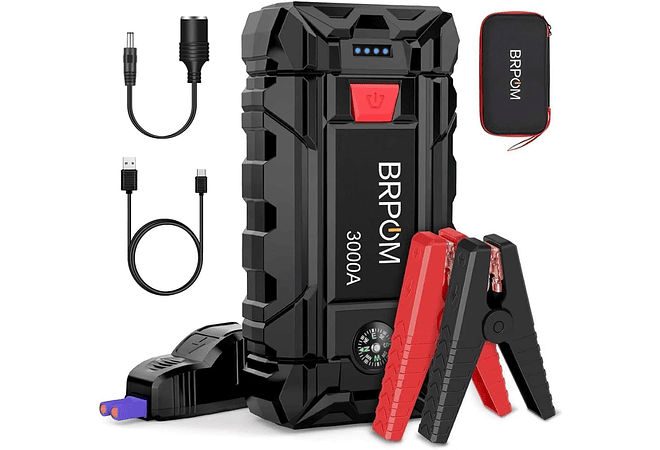 IMP0084- Iniciante de arranque de emergência para carro/motoBRPOM 2000 A, 21800 mAh, (motores de até 8,0 l, gás ou 6,5 l, diesel), lanterna LED, porta USB para smartphone (2000 A)