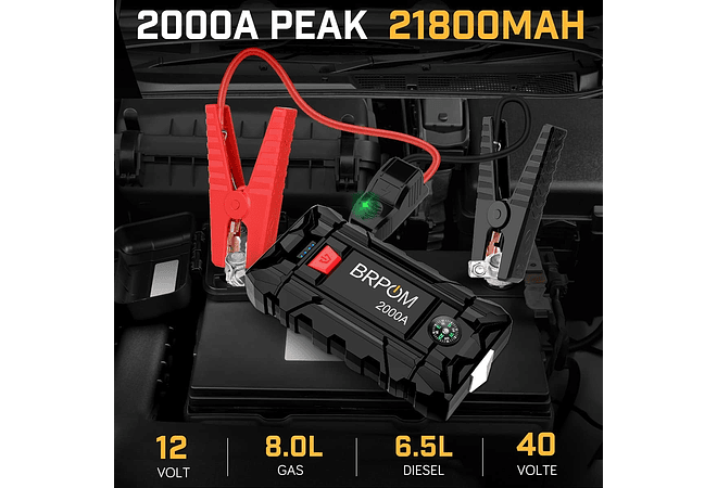 IMP0084- Iniciante de arranque de emergência para carro/motoBRPOM 2000 A, 21800 mAh, (motores de até 8,0 l, gás ou 6,5 l, diesel), lanterna LED, porta USB para smartphone (2000 A)