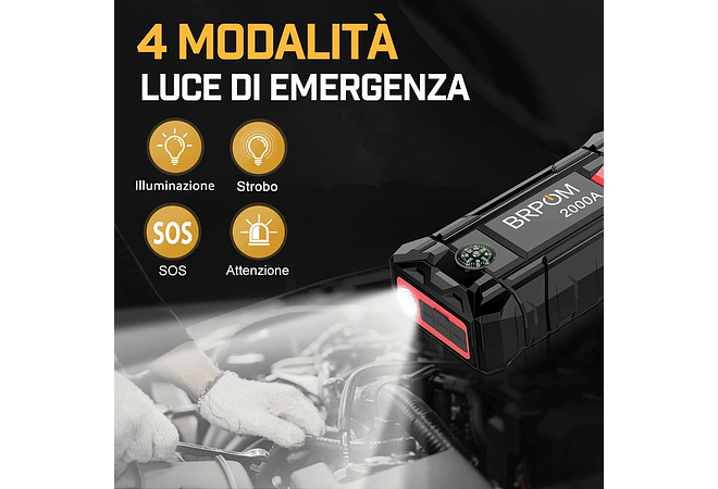 IMP0084- Iniciante de arranque de emergência para carro/motoBRPOM 2000 A, 21800 mAh, (motores de até 8,0 l, gás ou 6,5 l, diesel), lanterna LED, porta USB para smartphone (2000 A)