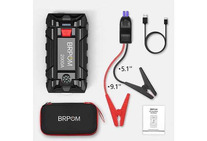 IMP0084- Iniciante de arranque de emergência para carro/motoBRPOM 2000 A, 21800 mAh, (motores de até 8,0 l, gás ou 6,5 l, diesel), lanterna LED, porta USB para smartphone (2000 A)