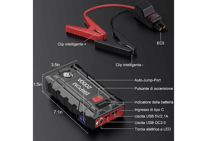 IMP0084- Iniciante de arranque de emergência para carro/motoBRPOM 2000 A, 21800 mAh, (motores de até 8,0 l, gás ou 6,5 l, diesel), lanterna LED, porta USB para smartphone (2000 A)