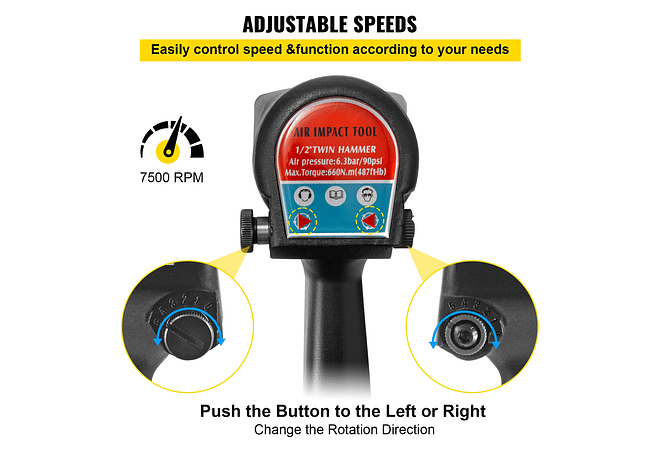 IMP0086- 1/2in chave de impacto pneumática chave inglesa torque 660n. m chave de chave de automóvel profissional pneu porca mangas reparação ferramenta oficina- VEVOR