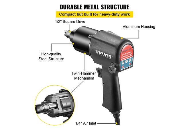 IMP0086- 1/2in chave de impacto pneumática chave inglesa torque 660n. m chave de chave de automóvel profissional pneu porca mangas reparação ferramenta oficina- VEVOR
