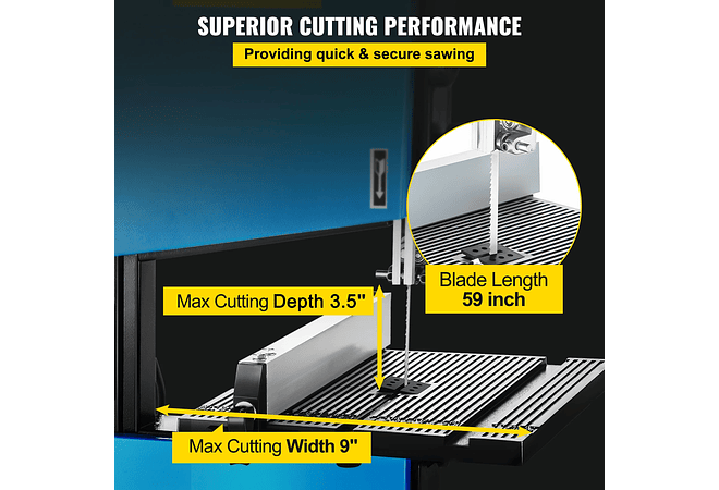 IMP0087- Vevor Serra de fita com porta de serragem 9 Polegada, corte máximo 45 ° tilt benchtop cabo serra de fita 300w mesa madeira 