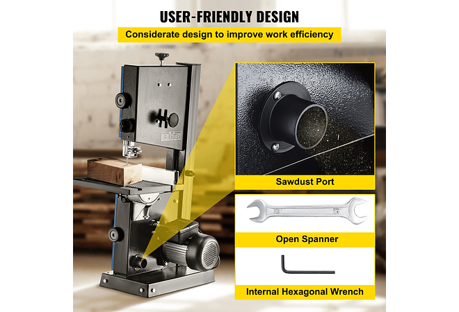 IMP0087- Vevor Serra de fita com porta de serragem 9 Polegada, corte máximo 45 ° tilt benchtop cabo serra de fita 300w mesa madeira 
