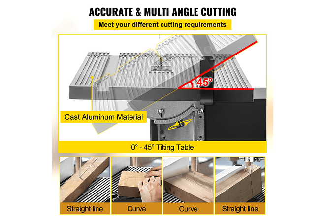 IMP0087- Vevor Serra de fita com porta de serragem 9 Polegada, corte máximo 45 ° tilt benchtop cabo serra de fita 300w mesa madeira 