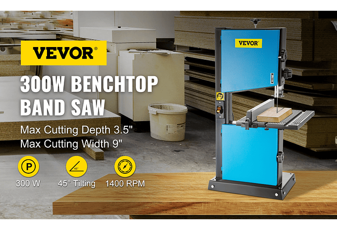 IMP0087- Vevor Serra de fita com porta de serragem 9 Polegada, corte máximo 45 ° tilt benchtop cabo serra de fita 300w mesa madeira 
