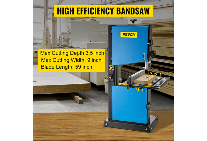 IMP0087- Vevor Serra de fita com porta de serragem 9 Polegada, corte máximo 45 ° tilt benchtop cabo serra de fita 300w mesa madeira 