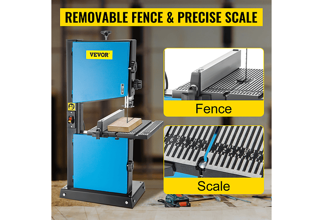 IMP0087- Vevor Serra de fita com porta de serragem 9 Polegada, corte máximo 45 ° tilt benchtop cabo serra de fita 300w mesa madeira 
