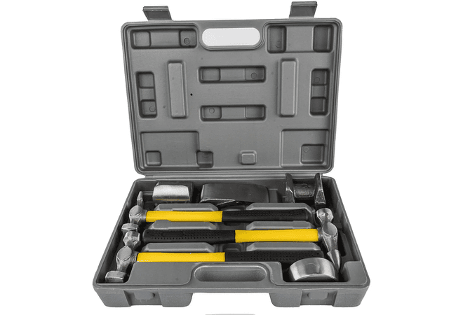 IMP0090- KIT conjunto de tases e martelos chapista com alça de fibra para carroceria (7 peças) 