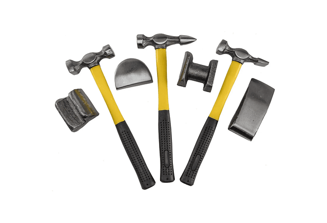 IMP0090- KIT conjunto de tases e martelos chapista com alça de fibra para carroceria (7 peças) 