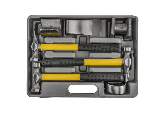 IMP0090- KIT conjunto de tases e martelos chapista com alça de fibra para carroceria (7 peças) 