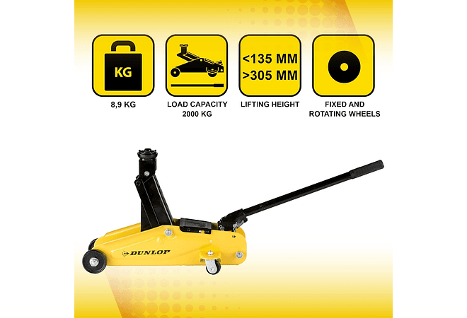 IMP0093- Dunlop Gato hidráulico para automóvel - capacidade de 2 toneladas, faixa de elevação de 135 - 305 mm