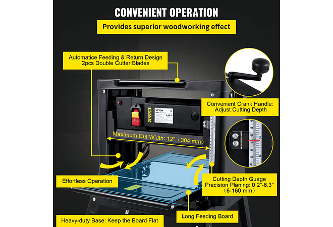 IMP0108- Vevor plaina elétrica 12/12.5/13 polegada com suporte &amp; poeira exaustão 1800w 8000rpm