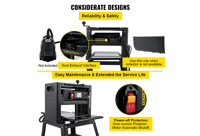 IMP0108- Vevor plaina elétrica 12/12.5/13 polegada com suporte &amp; poeira exaustão 1800w 8000rpm