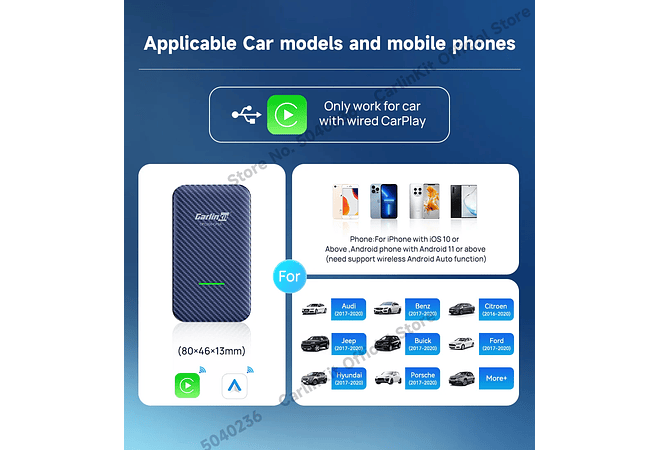 IMP0131- Adaptador Auto Android Sem Fio CarlinKit, Apple CarPlay, Ai Box, Dongle USB, Audi, VW, Benz, Kia, Honda, Toyota, Ford, 5.0, 4.0