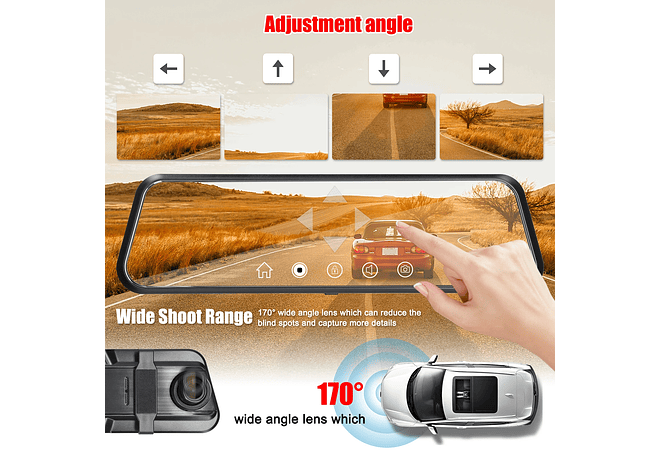 IMP0142- Dual Dash Cam para carro, visão frontal e traseira, câmera DVR, gravador de condução de vídeo, 170 ° Wide Angle, visão noturna, G-Sensor, 9.66 in Touchscreen, 1080P