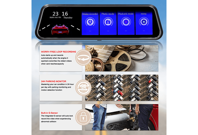 IMP0142- Dual Dash Cam para carro, visão frontal e traseira, câmera DVR, gravador de condução de vídeo, 170 ° Wide Angle, visão noturna, G-Sensor, 9.66 in Touchscreen, 1080P