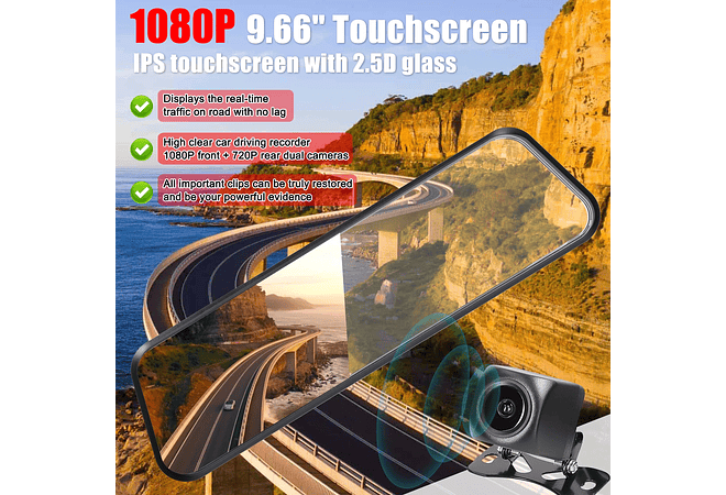 IMP0142- Dual Dash Cam para carro, visão frontal e traseira, câmera DVR, gravador de condução de vídeo, 170 ° Wide Angle, visão noturna, G-Sensor, 9.66 in Touchscreen, 1080P